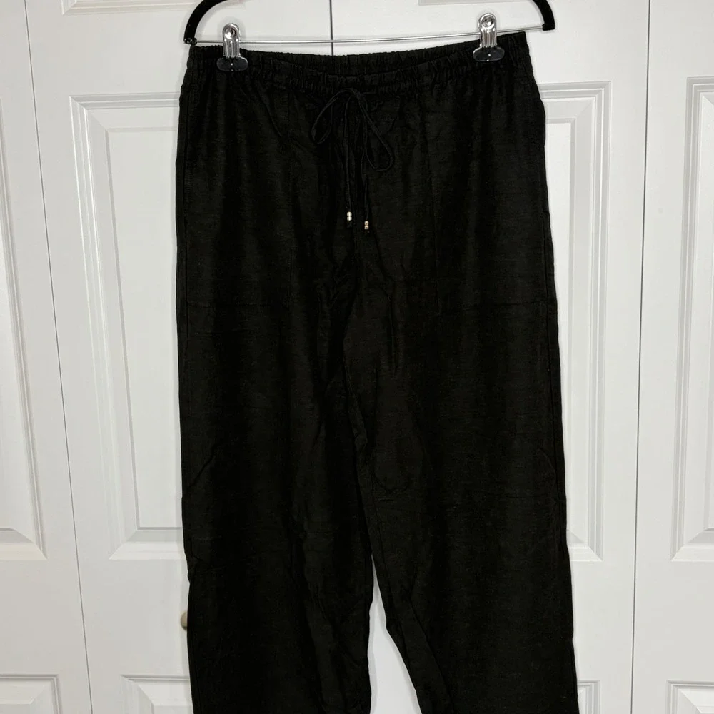 H&M Black Linen Blend Jogger Pants Medium Drawstring Relaxed Coastal